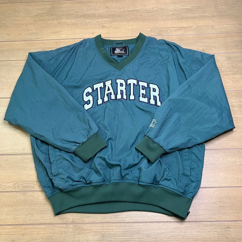 Vintage Starter Pullover Jacket Mens Large Green Spellout V Neck Windbreaker 90s